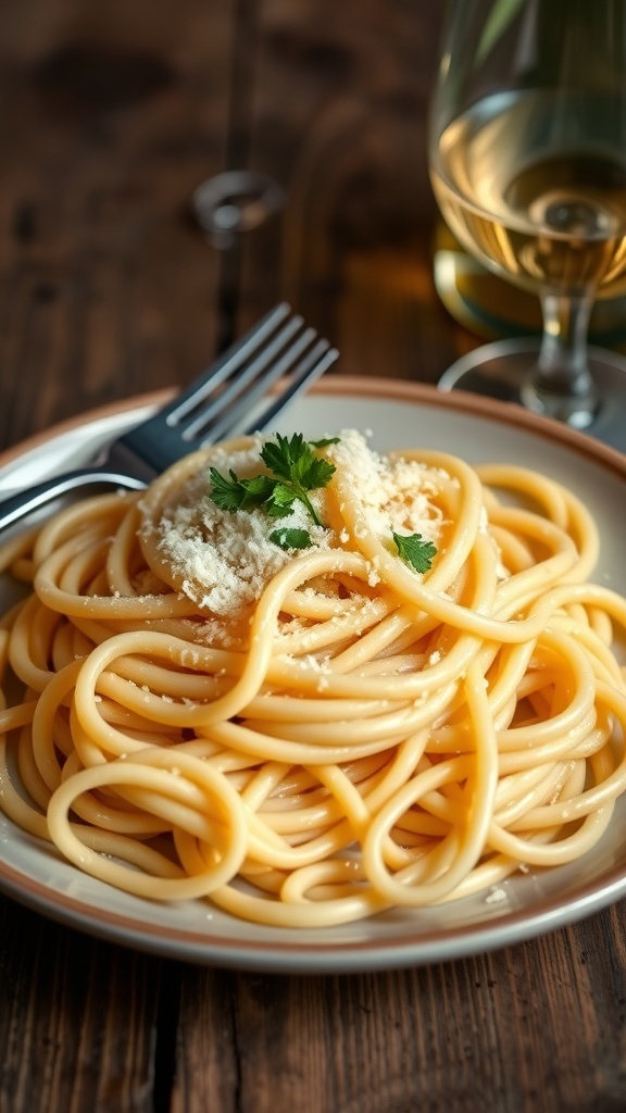 Creamy Parmesan linguine topped with grated cheese and parsley on a rustic wooden table.